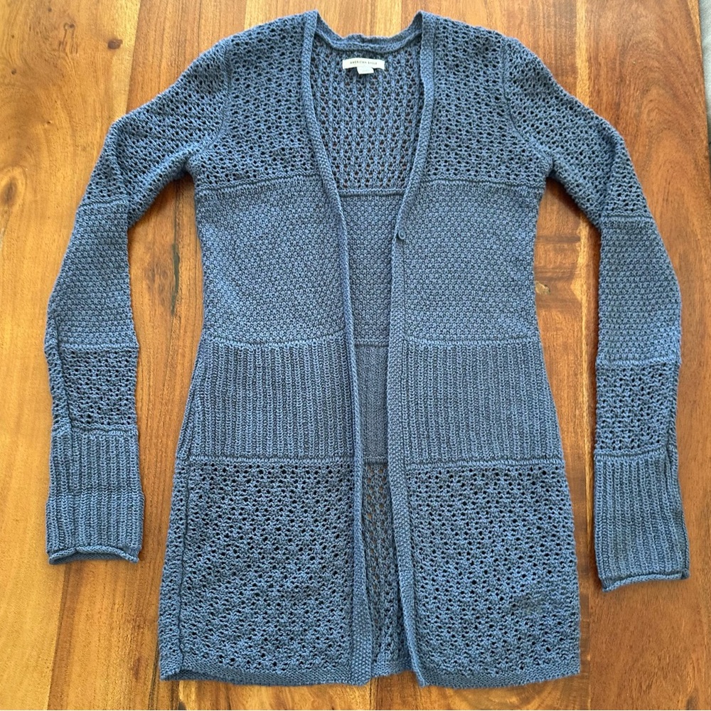 American Eagle Blue Cardigan Sweater with Intricate Knit Patterns